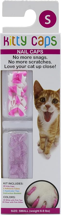 Kitty Caps Nail Caps for Cats, White with Pink Tips & Clear with Pink Glitter - Safe, Stylish & Humane Alternative to Declawing Stops Snags & Scratches, Small (6-8 lbs), 40 Count