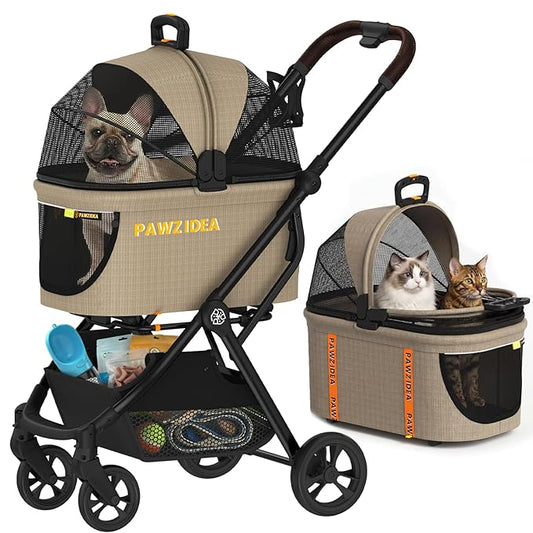 PAWZIDEA 4-in-1 Pet Stroller with Detachable Carrier, Escape-Proof No-Zip Canopy, Lightweight Foldable Dog Stroller for Small Medium Dogs & Cats, Portable Travel Crate & Car Seat Combo, Storage Basket