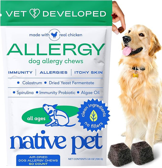 Native Pet Dog Allergy Chews - Dog Allergy Relief for Medium Breeds - Supports Seasonal Itch Relief, Healthy Immune Function & Reduces Sneezing - Colostrum, Spirulina, & Probiotics - 30 Days Supply