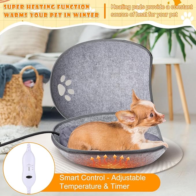 Beeveer Heated Cat Bed, Indoor Heated Cat Cave, Warmer Thermal Pet Bed with Removable Waterproof Heater for Kitty Small Dogs Gray (18.1 x 15 x 9.8 Inches)