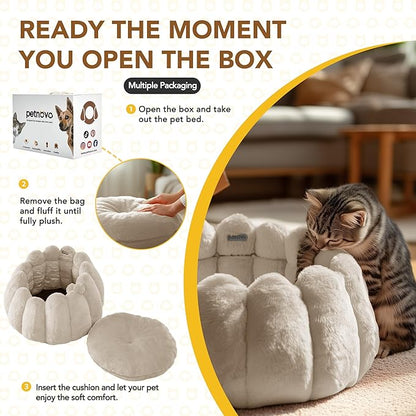 PETNOVO Pumpkin Calming Cat Bed,Plush Donut Cuddler with High Bolster,Ultra Soft Bunny Plush,Oeko‑TEX,Non-Slip Pet Nest,for Indoor Cats up to 13 lbs & Small Dogs,20Lx20Wx12H Inch, Cream