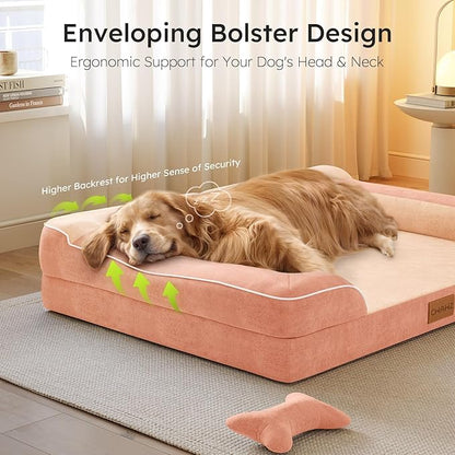 CWAWZ Jumbo Dog Bed for Extra Large Dogs, Orthopedic Dog Bed with Cooling Gel Memory Foam, Waterproof Pet Bed with Removable Washable Cover, 45" Pet Sofa Couch Dutch Velvet with Bone Toy, Peach Pink