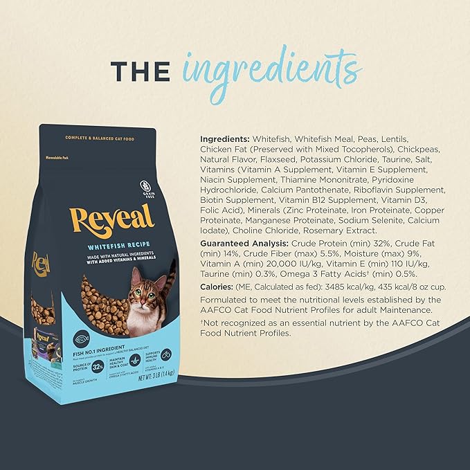 Reveal Natural Adult Dry Cat Food, High Protein, Grain Free with Added Vitamins & Minerals, Complete & Balanced Nutrition for Cats, Whitefish Recipe (7 Pound Bag)
