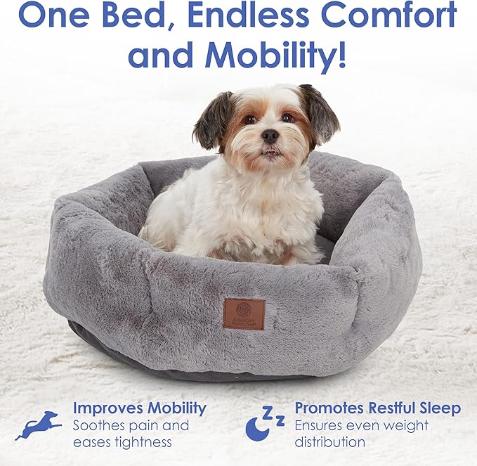 American Kennel Club Round Plush Dog Bed - 20" Cozy Donut Design for Small Pets, Ultra-Soft Washable Pet Bed with Non-Slip Bottom, Durable High-Loft Filling, Gray