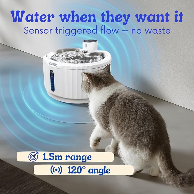 KAER Wireless Cat Water Fountain, 2.8L, Battery Operated, BPA-Free, Stainless Steel, Ultra-Quiet Pet Fountain with 3 Water Flows & Smart Motion Sensor, Aesthetic Bowl, 5-Layer Filtration, 4000mAh