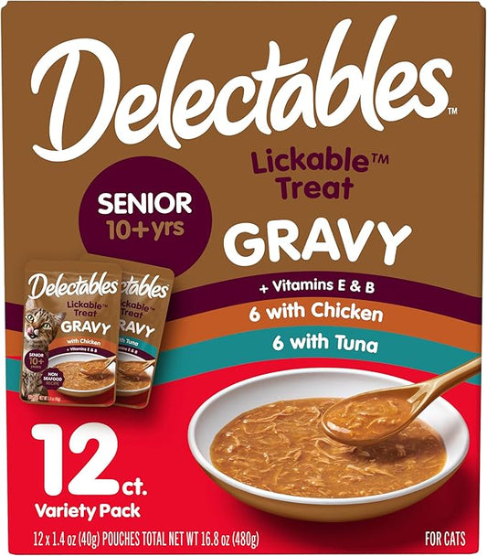 Delectables Lickable Treat Gravy Senior 10+ Variety Wet Cat Treat & Food Topper, Food Topper, Hydrating, Grain-Free, No Fillers, No by-Products, No Added Preservatives, 1.4-oz Pouch, 12 Count
