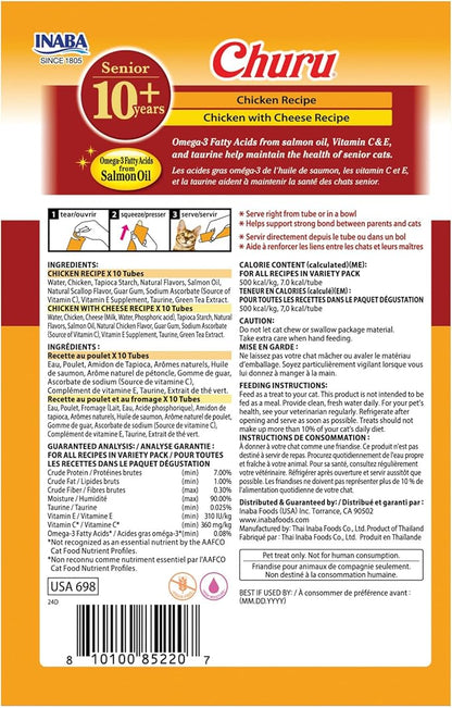 INABA Churu for Senior 10+, Creamy Lickable Cat Treats with Taurine, Vitamin E & C, 0.5 Ounces Each, 20 Tubes, Chicken Variety