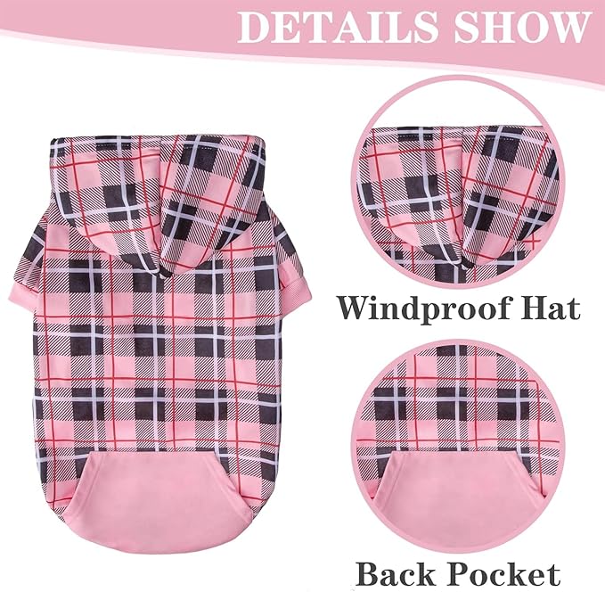 EXPAWLORER Plaid Dog Hoodie - British Style Warm Dog Sweater Shirt with Leash Hole,Pitbull Clothes Outfits,Winter Coat Apparel for All Breeds Puppy Girl Boy-Cat Apparel,Pink Small
