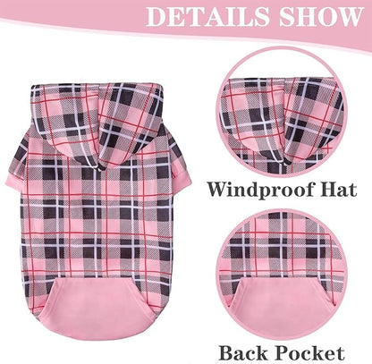 EXPAWLORER Plaid Dog Hoodie - British Style Warm Dog Sweater Shirt with Leash Hole,Pitbull Clothes Outfits,Winter Coat Apparel for All Breeds Puppy Girl Boy-Cat Apparel,Pink Small
