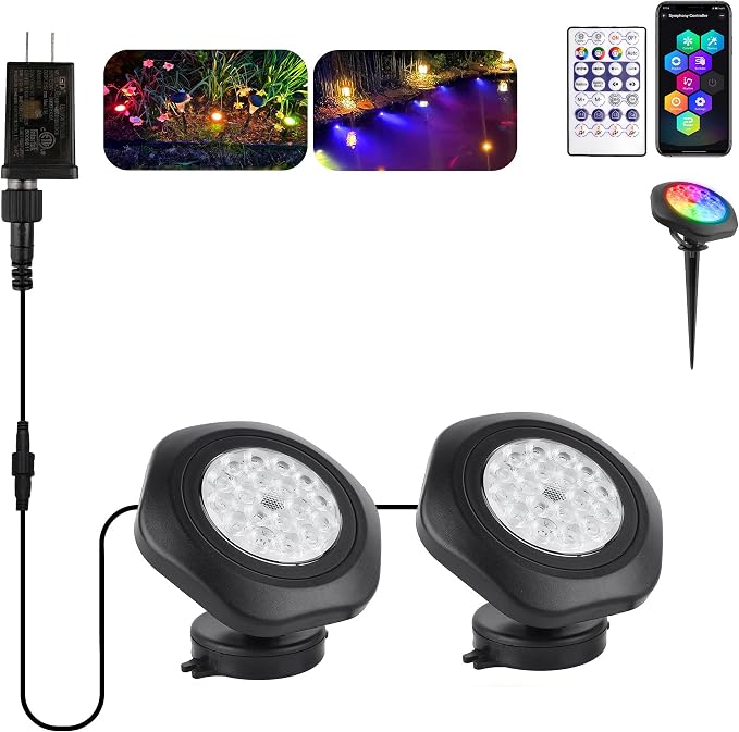 T-SUN RGB LED Underwater Pond Lights with APP and Remote Control 2 Pack | Color Changing Fountain Lights Led Underwater, IP68 Waterproof Submersible Pond Lights for Outdoor Pond Koi Aquarium Garden