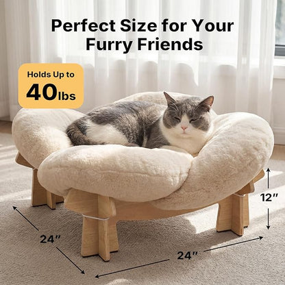 Veehoo Modern Elevated Flower Cat Bed with Washable Fluffy Cushion for Indoor Cats & Small Dogs, Wooden Raised Pet Couch Sofa, Cozy Lounge Chair Suitable for Puppy, Cat Furniture