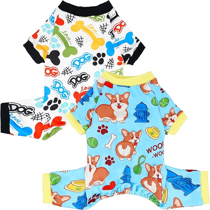 2PCS Dog Pajamas for Small Sized Doggie Pjs Clothes Puppy Onesies Outfits Pet Jammies Boy Girl Male Female Apparel Lightweight Stretch Paw Bone Print S