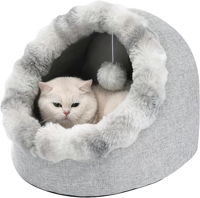 Avont Cat Bed Cave for Indoor Cats, Semi-Enclosed Cat House with Anti-Slip Bottom & Removable Washable Cushion, Warm Plush Cat Tent for Kittens & Puppy -M