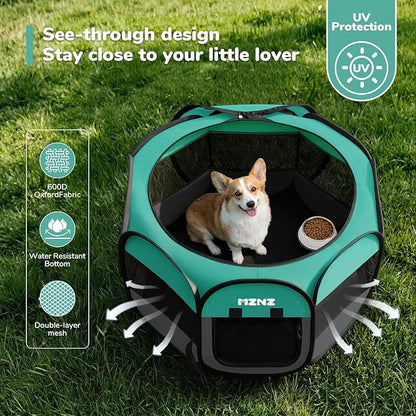 Pet carrier with a dog inside on grass, featuring UV protection and material details.