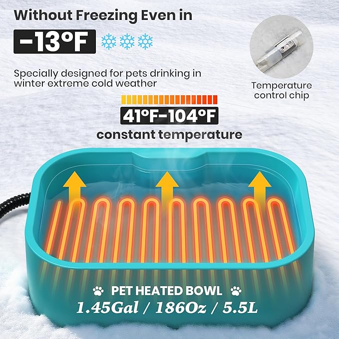 1.45 Gal/5.5L Heated Water Bowl, Extra Large Heated Dog Bowls for Outside, Safety Listed Heated Pet Bowl with Anti-Chew Cord for Dog & Cat Drinking Water in Winter, BPA-Free, Anti-Slip Base(Blue)