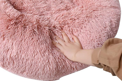 BinetGo Calming Cat and Dog Beds, 20 Inch Beige Donut Bed - Machine Washable, Anti Slip Waterproof Bottom