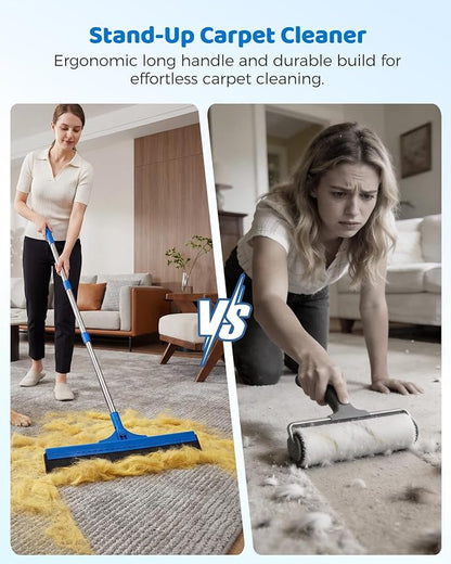 Carpet Rake for Pet Hair Removal - 54''Adjustable Long Handle Carpet Rake, 3 in 1 Reusable Silicone Carpet Broom with 2 Lint Scrapers, Pet Hair Remover Broom for Rugs, Mats, Couch, Car Interiors