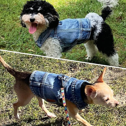 Dog Jean Jacket, Blue Denim Shirt Classic Lapel Vest Coat Costume Puppy T-Shirt, Comfort Tank Top Cool Apparel, Washed Pet Clothes for Dogs Boy Girl (with D-Ring, Medium)