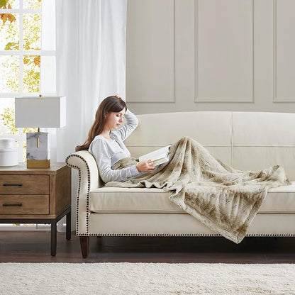 Madison Park Zuri Soft Plush Luxury Oversized Faux Fur Throw Animal Stripes Design, Faux Mink On The Reverse, Modern All Seasons Blanket for Bed, Sofa Couch, Office, Sand, 60x70"