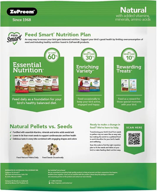 ZuPreem Natural Bird Food, Daily Bird Feed Pellets for Cockatiel, Lovebird, Quaker, Small Conure, Lorikeet, ZuPreem Core Nutrition, Added Vitamins, Made in USA, Cockatiel Food, (Medium, 10 lb Bag)