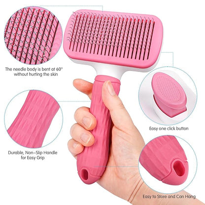 Dog & Cat Brush Kit 2PCS, Self Cleaning Slicker Brush for Pets, Dog Brush for Shedding Massaging and Grooming, Removes Loose Undercoat & Portable Comb for Long Short Haired Dogs(Pink)
