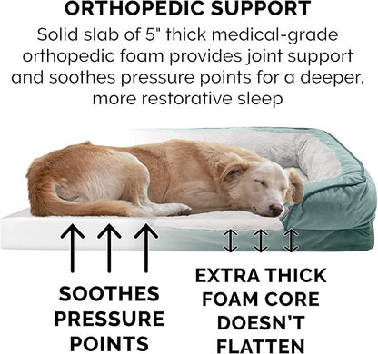 Furhaven Orthopedic Dog Bed for Large Dogs w/ Removable Bolsters & Washable Cover, For Dogs Up to 125 lbs - Plush & Velvet Waves Perfect Comfort Sofa - Celadon Green, Jumbo Plus/XXL