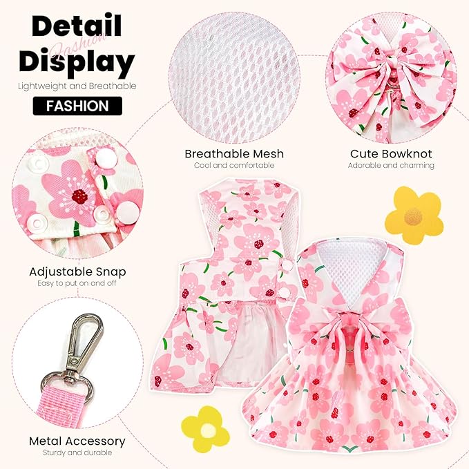 ABRRLO Cute Dog Dress Small Dog Clothes for Girls Female Puppy Outfits Pink Floral Pet Summer Clothes Bowknot Doggy Cat Princess Dress Harness Set for Holiday Birthday Party Costume Clothing (Pink,L)