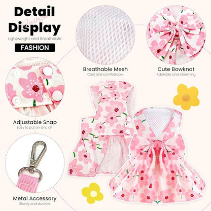 ABRRLO Cute Dog Dress Small Dog Clothes for Girls Female Puppy Outfits Pink Floral Pet Summer Clothes Bowknot Doggy Cat Princess Dress Harness Set for Holiday Birthday Party Costume Clothing (Pink,L)