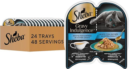 Sheba Gravy Indulgence Adult Wet Cat Food, Wet Food for Cats White Fish Entree in Extra Gravy, 2.6 oz. Twin-Pack Trays (24 Count, 48 Servings)
