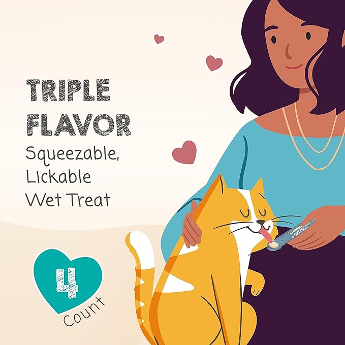 MEOWEE! Savory Spoonables with Real Tuna, Chicken & Duck, 4 Count Tube, Triple Flavor Squeezable Lickable Wet Treats for Cats with Built-in Spoon for Less Mess (Pack of 2)