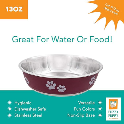 Food Bowl & Water Bowl for Dogs & Cats | Designer Series: Paw Print Detail, Stainless Steel & Maroon, 13 oz (FPP-Maroon S)