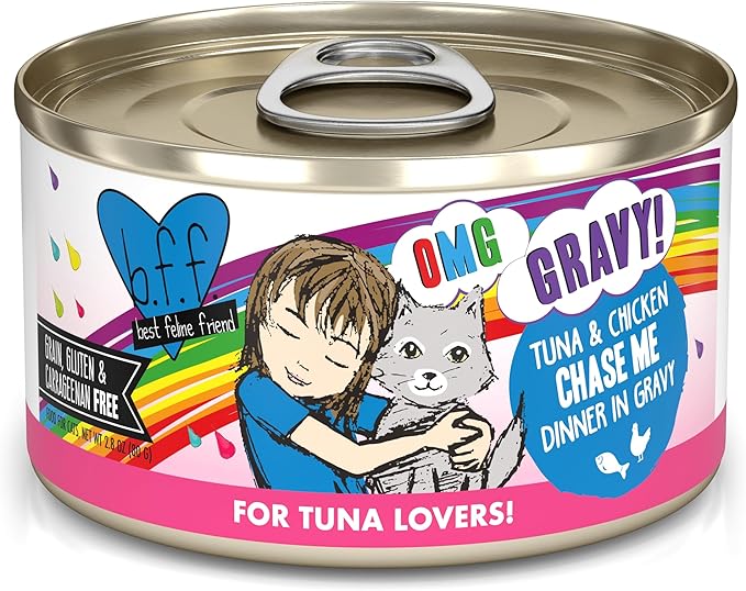 Weruva B.F.F. OMG - Best Feline Friend Oh My Gravy!, Tuna & Chicken Chase Me with Tuna & Chicken, 2.8oz Can (Pack of 12)