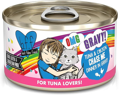 Weruva B.F.F. OMG - Best Feline Friend Oh My Gravy!, Tuna & Chicken Chase Me with Tuna & Chicken, 2.8oz Can (Pack of 12)