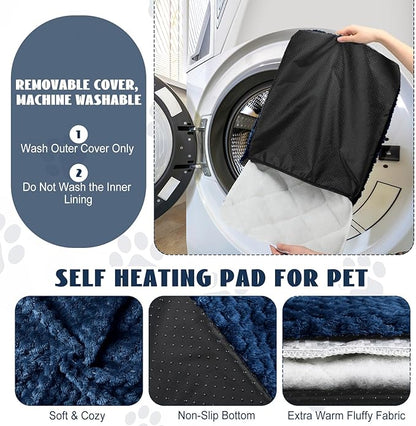 Drydiet 4 Pcs Self Heating Cat Pad Self Warming Cat Bed Dog Heating Pad Washable Thermal Pet Mat for Indoor Outdoor Pet 16 x 20 Inch Removable Non Slip(Navy Blue)
