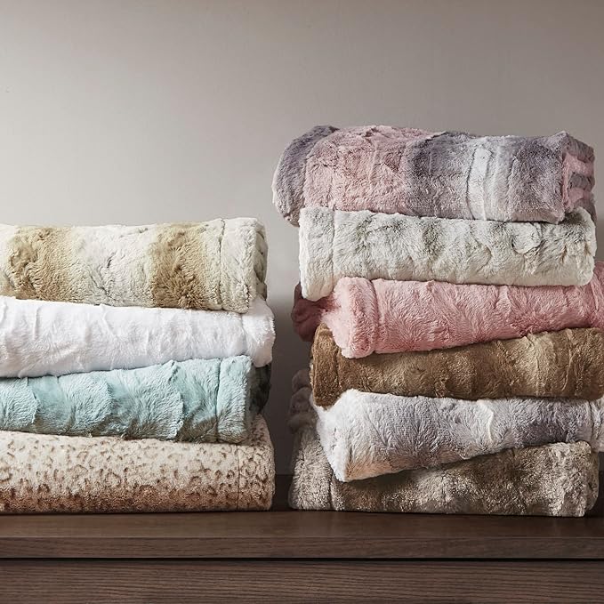 Madison Park Zuri Soft Plush Luxury Oversized Faux Fur Throw Animal Stripes Design, Faux Mink On The Reverse, Modern All Seasons Blanket for Bed, Sofa Couch, Office, Aqua, 60x70
