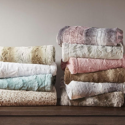 Madison Park Zuri Soft Plush Luxury Oversized Faux Fur Throw Animal Stripes Design, Faux Mink On The Reverse, Modern All Seasons Blanket for Bed, Sofa Couch, Office, White, 60x70