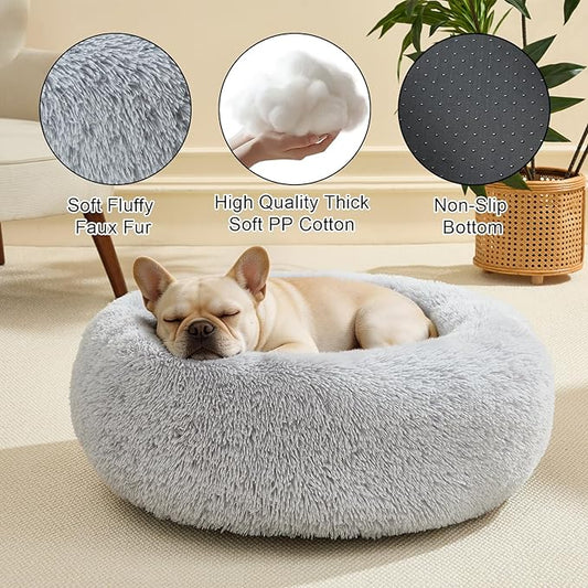 Dog Calming Beds for Small Medium Dogs - Round Donut Washable Dog Bed, Anti-Slip Faux Fur Fluffy Donut Cuddler Anxiety Cat Bed(Light Grey 28")