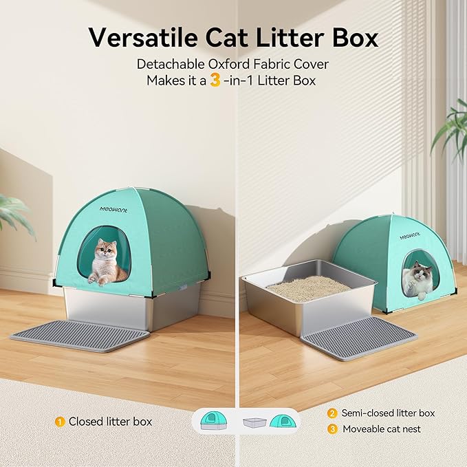 Meowant Stainless Steel Cat Litter Box with Lid, Extra Large Square 3-in-1 Enclosed Metal Litter Box with High-Sided Oxford Fabric Cover, Metal Scoop, Odorless, Non-Sticky,Leak-Resistant,Easy to Clean