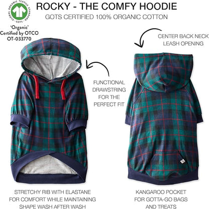 Pet Passion Rocky – The Original Lightweight Hooded Tee 100% Organic Cotton Dog Hoodie Pet Coat Sweater for All Sized Dogs, Black Watch Plaid, Medium (20-45 lbs)
