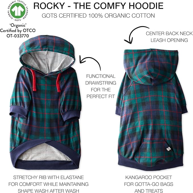 Pet Passion Rocky – The Original Lightweight Hooded Tee 100% Organic Cotton Dog Hoodie Pet Coat Sweater for All Sized Dogs, Black Watch Plaid, Large (40-60 lbs)