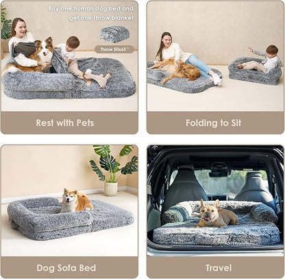 EHEYCIGA Foldable XXL Dog Bed for Large Sized Dog, 54"x38"x7.5" Faux Fur Fluffy Pet Couch Bed, Orthopedic Calming Memory Foam Big Pet Bed, Washable Pet Sofa Bed with Non-Slip Bottom, Grey