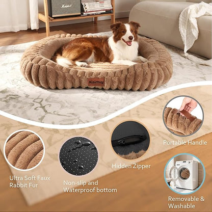 Dog Bed for Extra Large Dogs, Cute XL Dog Bed with Removable Washable Cover & Anti-Slip Bottom, Soft Calming Pet Sofa Bed with Handle for Indoor Pets, 43x31x5inches, Brown