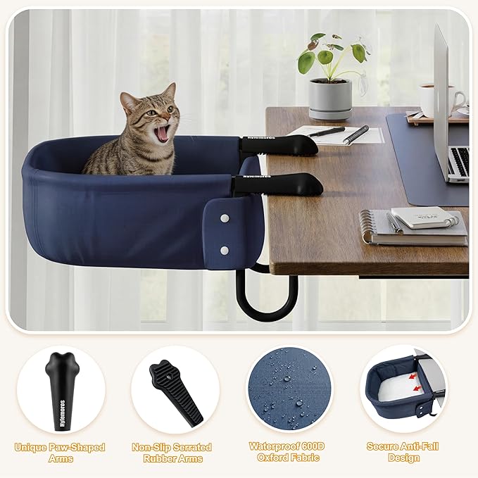 Cat Desk Bed for Large Cats 50 lbs Heavy Duty Cat Bed for Desk Attachment with Paw Design Extra-Sturdy Dog Chair Dual-Sided Mat Waterproof Easy Assembly for Gaming Desk Kitchen Island Blue
