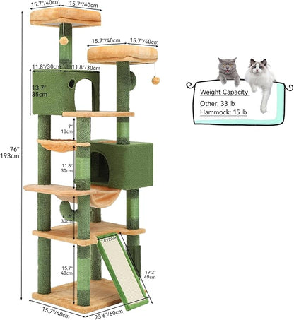 YITAHOME 193 cm Tall Cactus Cat Tower for Large Cats,76 inch Heavy Duty Cat Tree for Indoor Large Adult Big Cats Maine Coon Cat Tree Tower with Scratching Post, Hammock, Cat Condo, Cactus Green