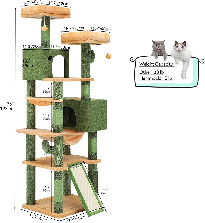 YITAHOME 76in Tall Cactus Cat Tree Tower with Self-Grooming Brush, Cute Cat Climbing Tower for Indoor Cats with Cat Condo, Plush Platform, Hammock, Sisal Scratching Posts, Dangling Ball