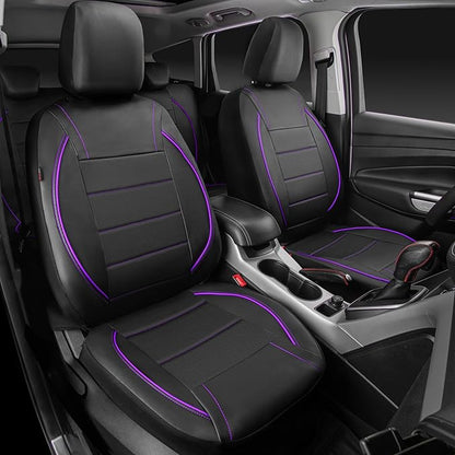 CAR PASS Piping PU Leather Car Seat Cover,Inside Zipper Design and Reserved Opening Holes Airbag Compatible,Universal FIT for Car, SUVs,Van,Trucks,Full Set, Black & Purple
