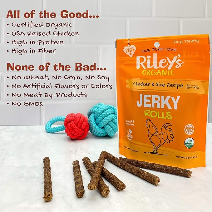 Organic Dog Jerky Treats - Chicken & Rice Dog Training Treats - Soft Jerky Rolls for Dogs - 5 oz, 142g, High Protein, Large Breed, All Life Stages