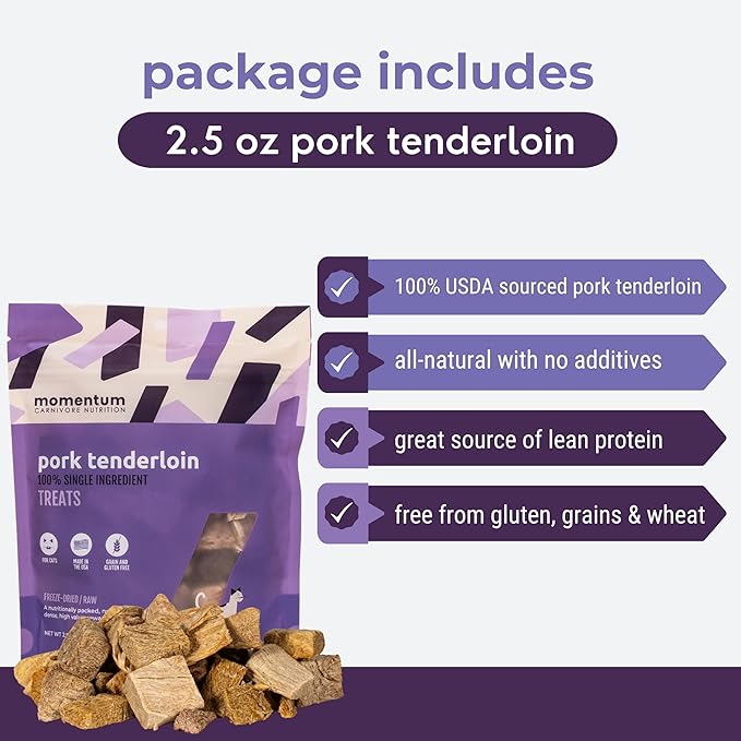 Momentum Carnivore Nutrition Freeze-Dried Pork Tenderloin Cat Treats – Single-Ingredient, High-Protein, All-Natural, Grain-Free, Lean & Naturally Tender – Made in USA – 2.5 oz Bag