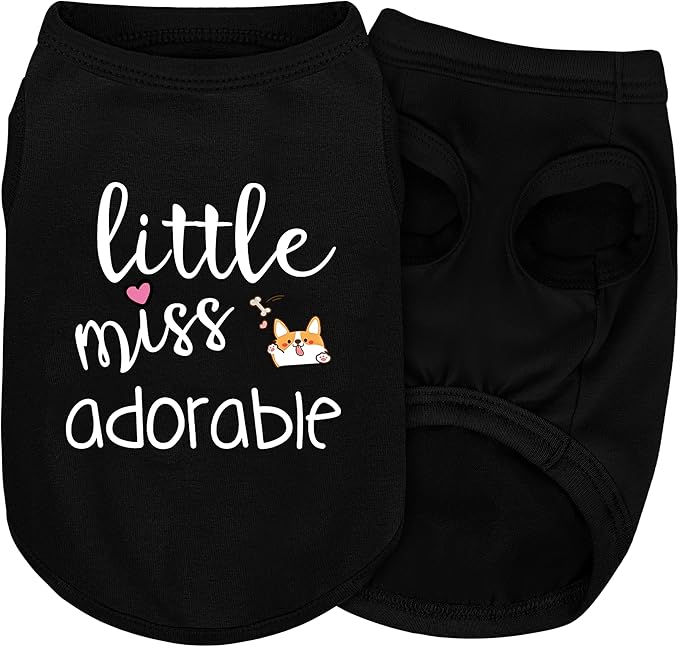 Cotton Dog Shirt with 'Little Miss Adorable' Corgi Head Print, Soft & Breathable Pet Apparel for Small, Medium, and Large Dogs, All-Season Sleeveless Vest, Cute and Comfortable Dog Outfit.Black XS