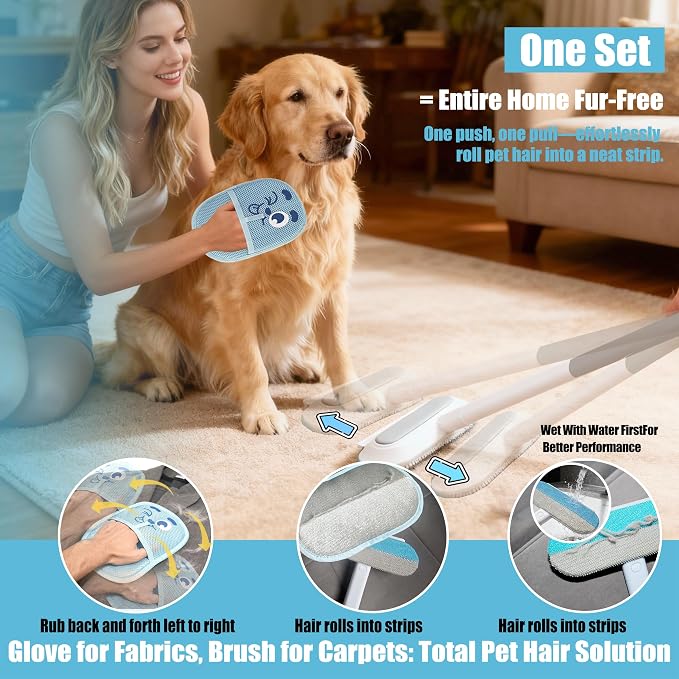 Magic Pet Hair Remover Brush Set for Dogs & Cats, 4-in-1 Hair Removal Tool, Hair Glove, Metal Hook for Furniture, Couch & Car Seats